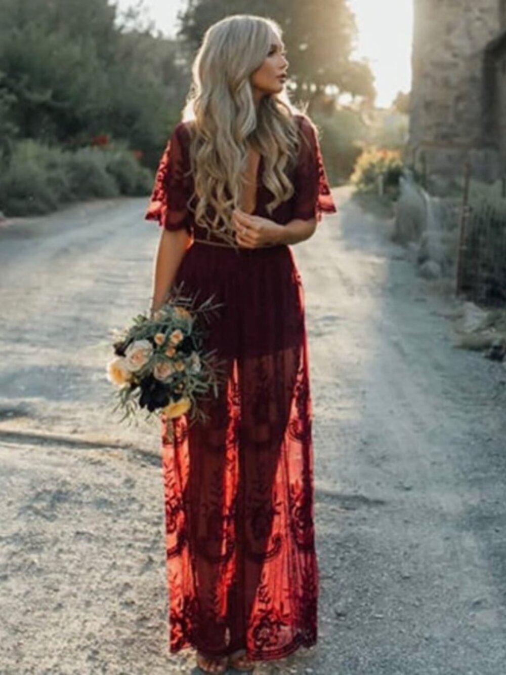 Eleter Red Embroidered Lace Overlay Maxi Dress L - Picture 4 of 9